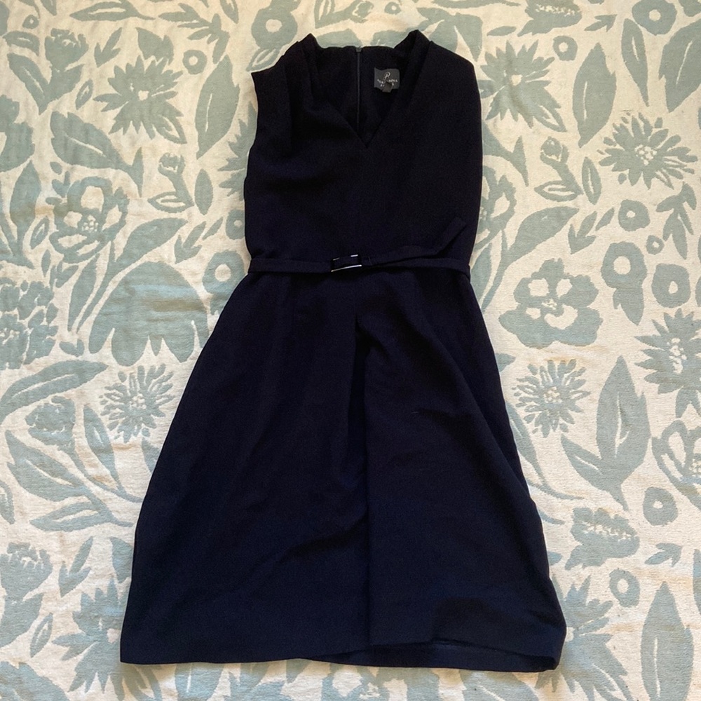 Size 6 Adrianna Papell Navy Blue Belted Sleeveless Work Dress Classic V Neck